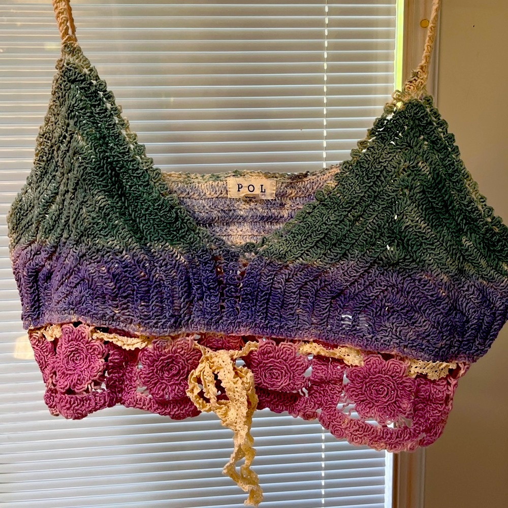 POL Green and Purple Crochet Crop Top